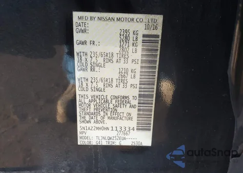 2017 Nissan Murano Sv from USA, damaged, VIN 5N1AZ2MH0HN113334